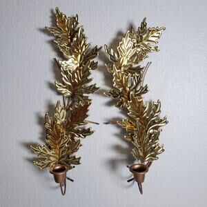 Vintage MCM Gold Metal Candle Holder Wall Scones Leaf Fall Wall Hanging Set Of 2